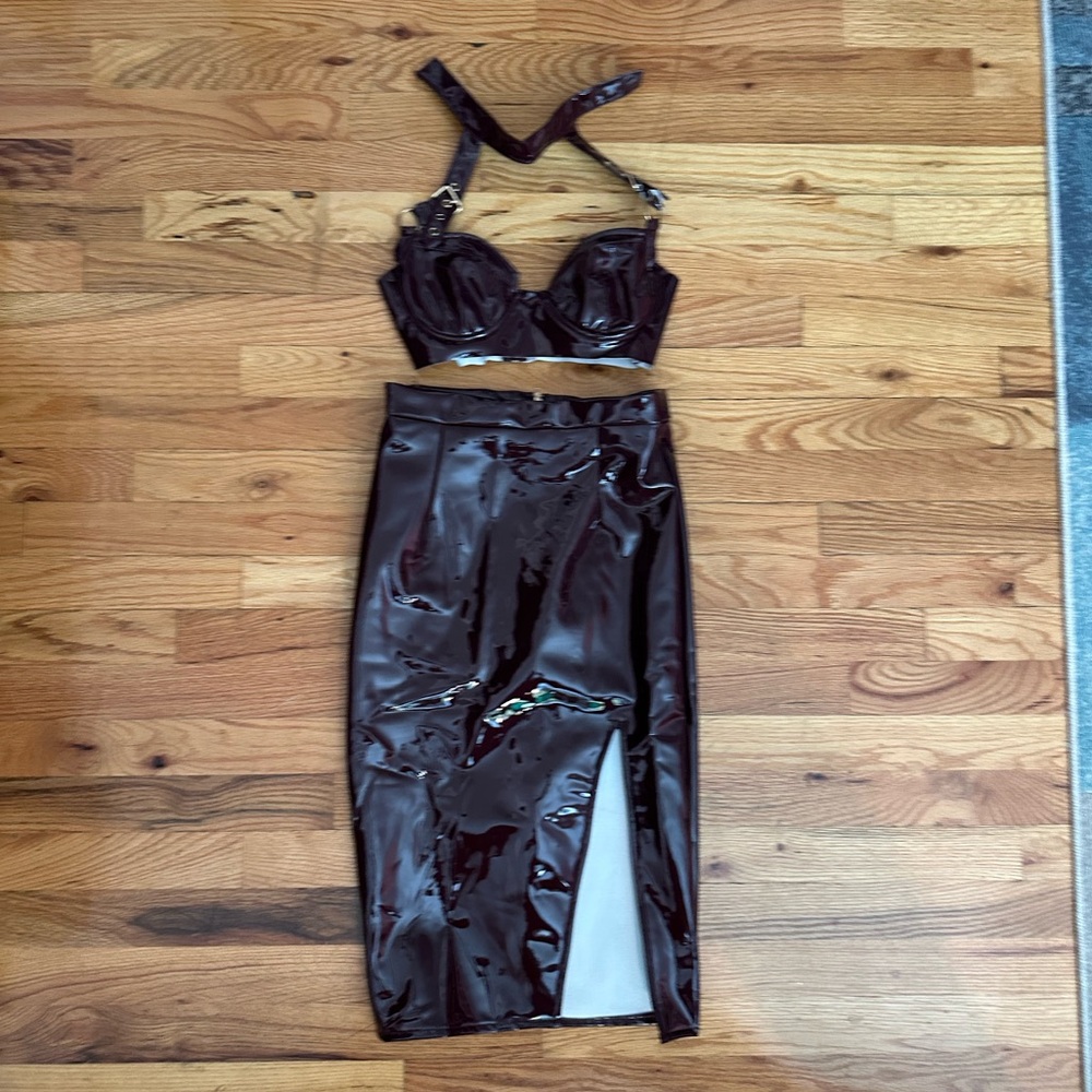 Burgundy Latex Bralette and Skirt
